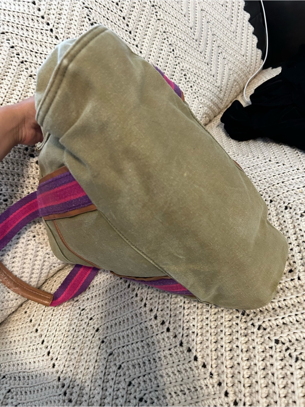 Tory Burch Olive Canvas Tote with Pink & Purple Stripe Handles - Picture 9 of 10